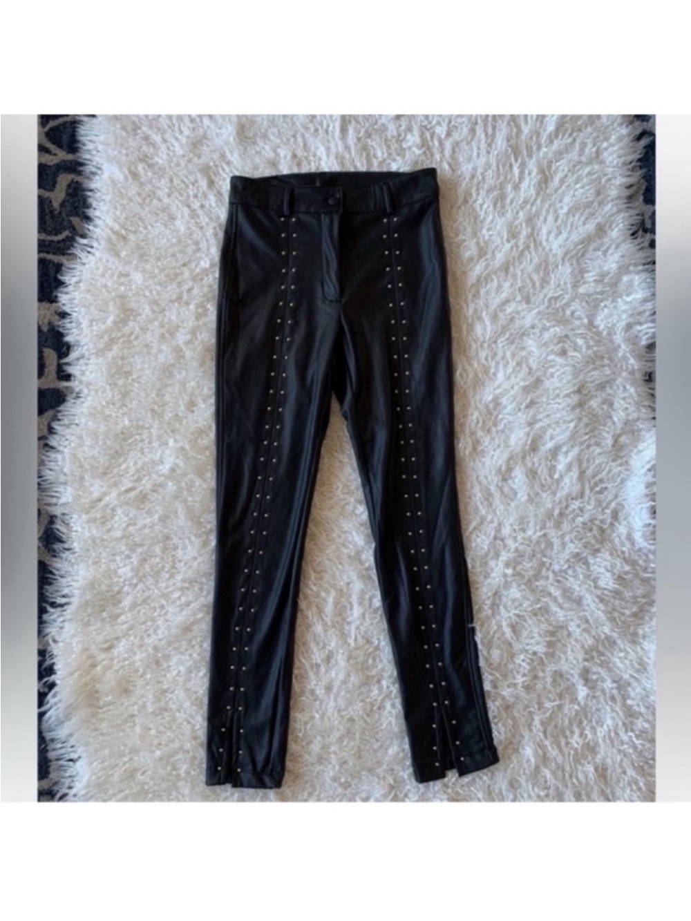 Black faux leather studded Front Slit pants Sz M/L stretchy hem slits